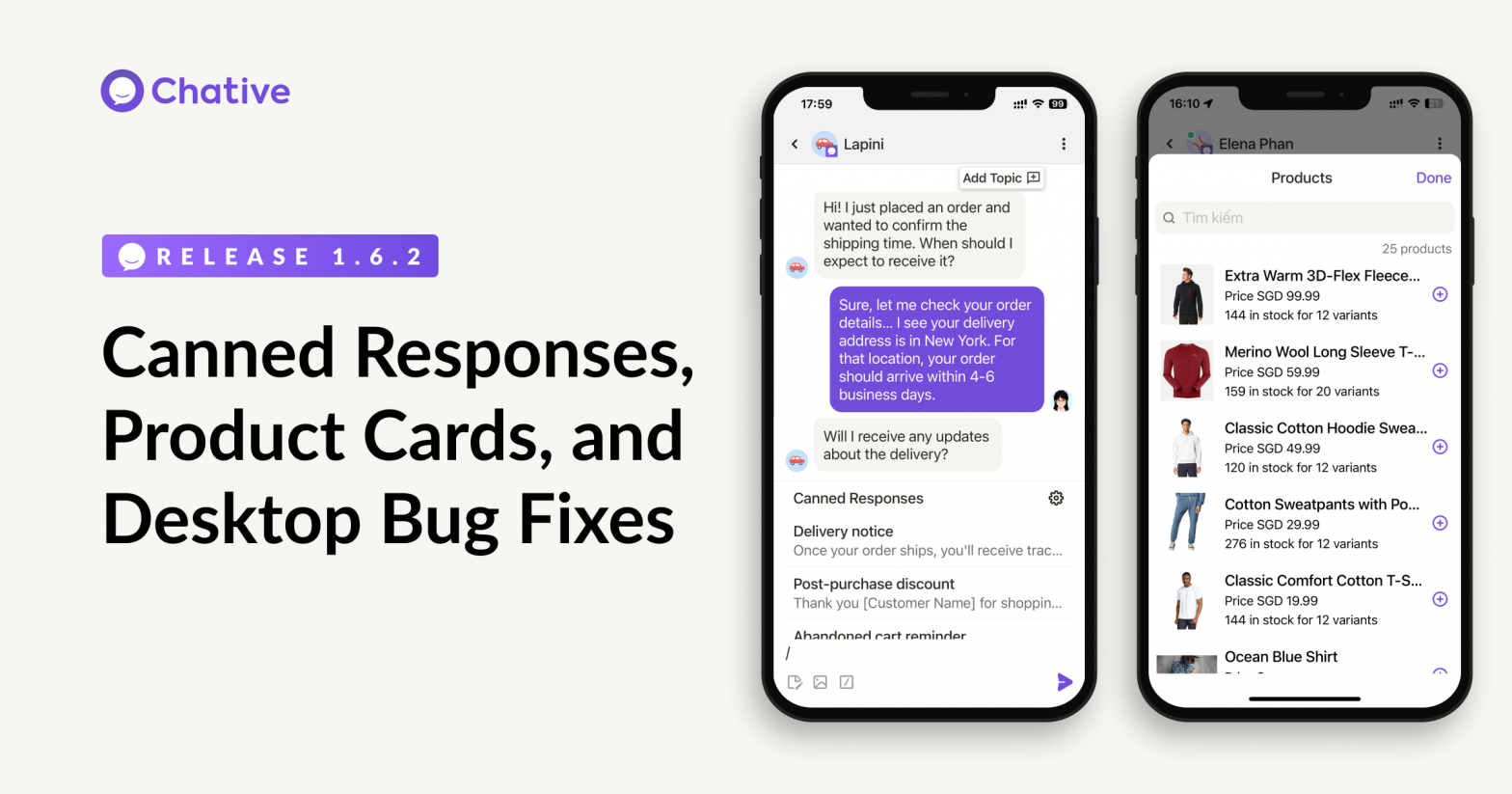 Introduce product card sharing, canned responses on the mobile app, and critical desktop bug fixes