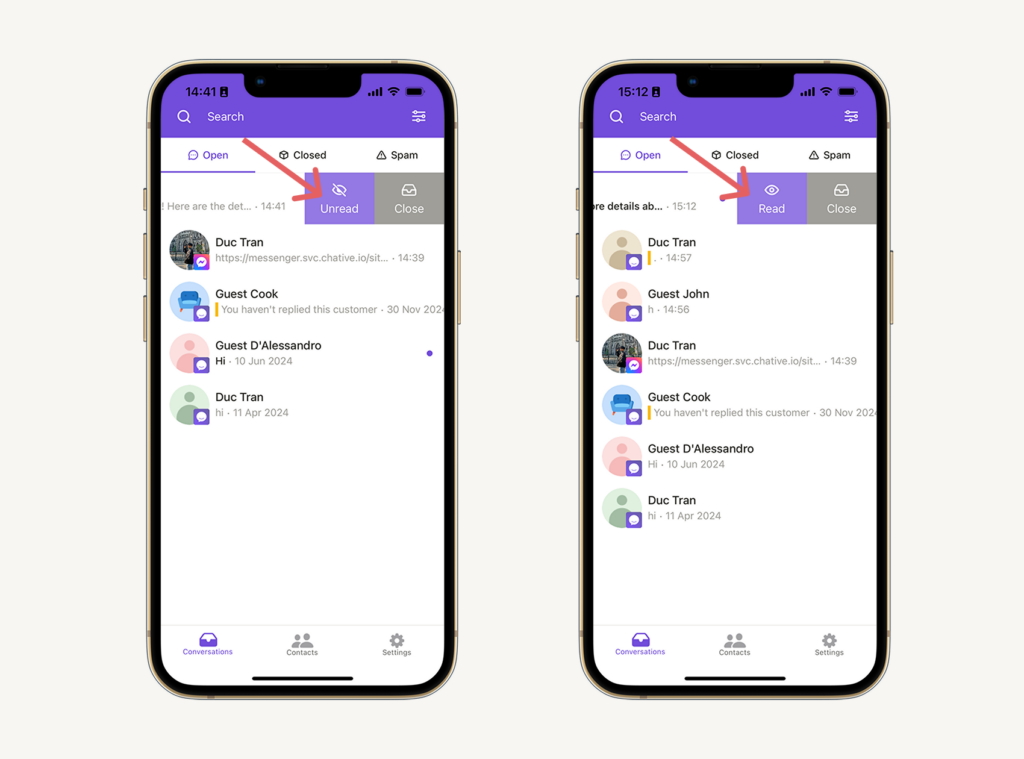 Easily manage your conversations by marking messages as unread or read with a simple swipe