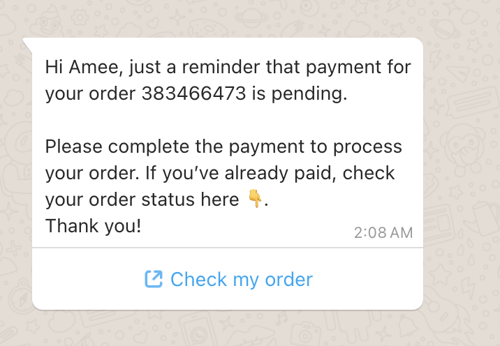 Template message to remind customers of unfinished payment