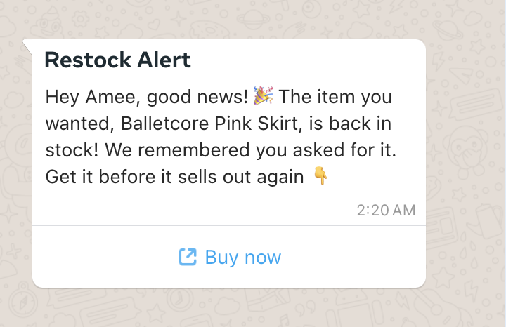 Template message about restock alert