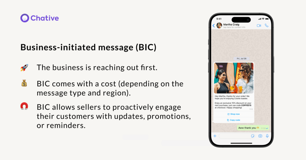 WhatsApp business-initiated messages allow senders to proactively engage their customers with updates, promotions, or reminders.